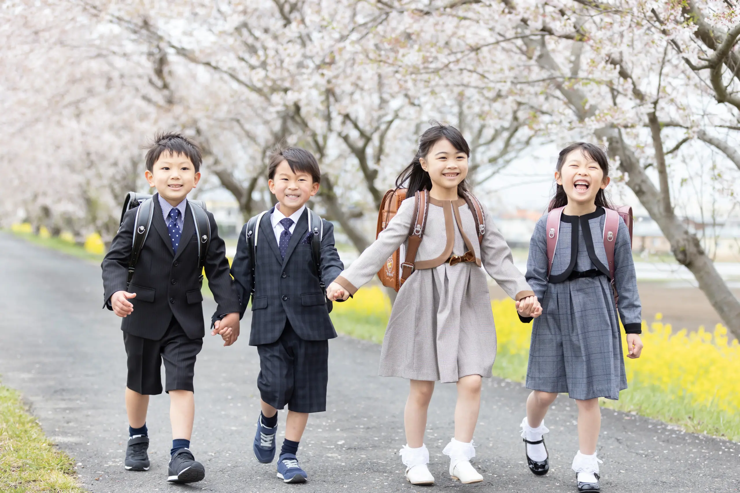 桜並木を歩く小学校1年生
