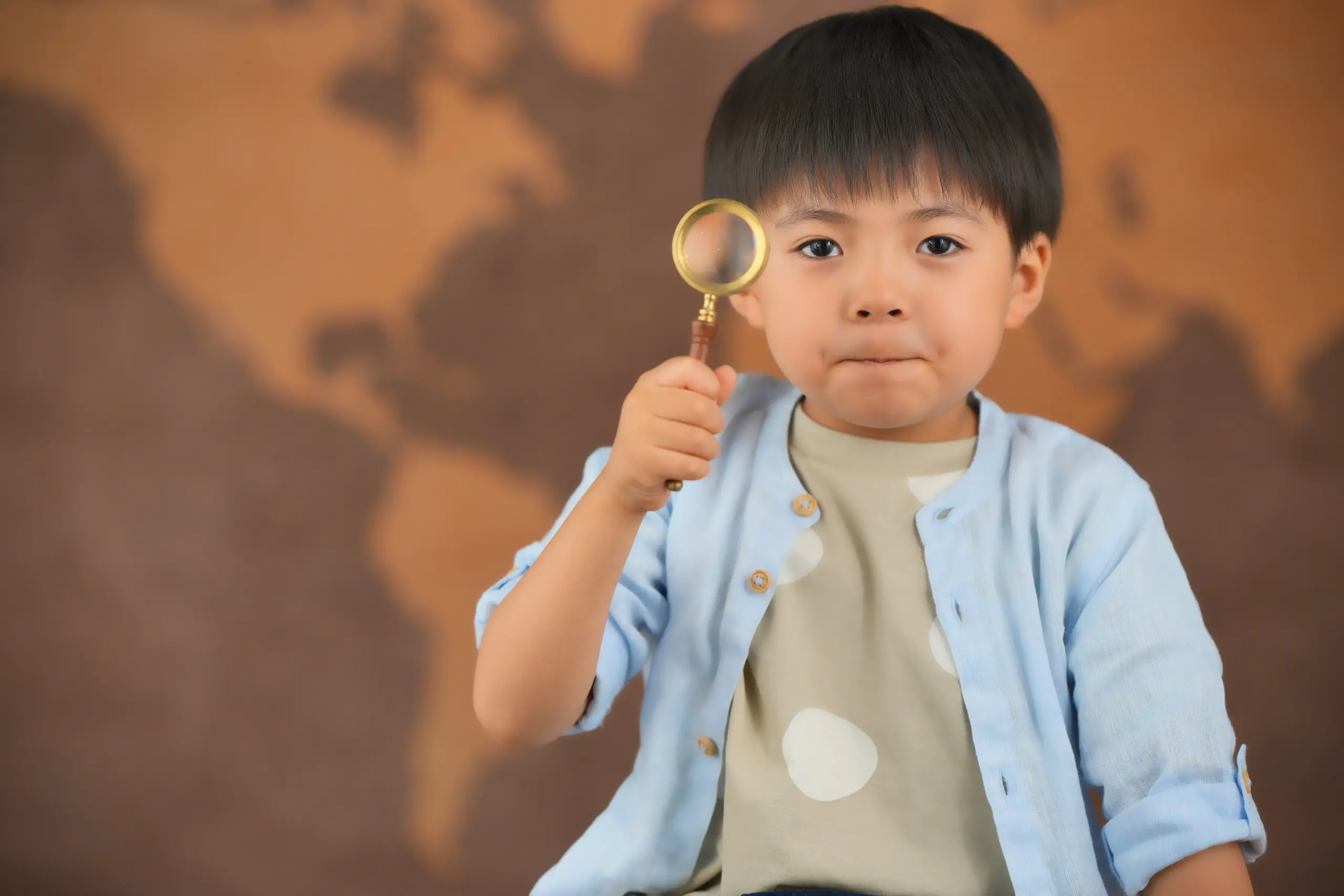 世界地図を背景に虫眼鏡を持つ男の子