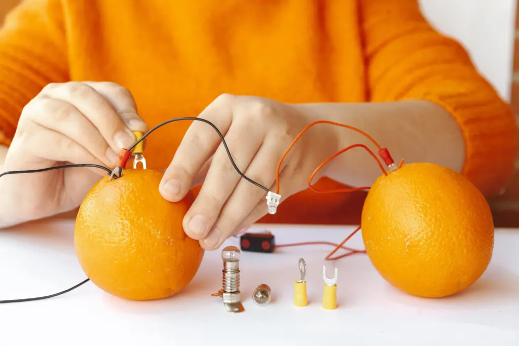 オレンジを使った電気の実験をする様子