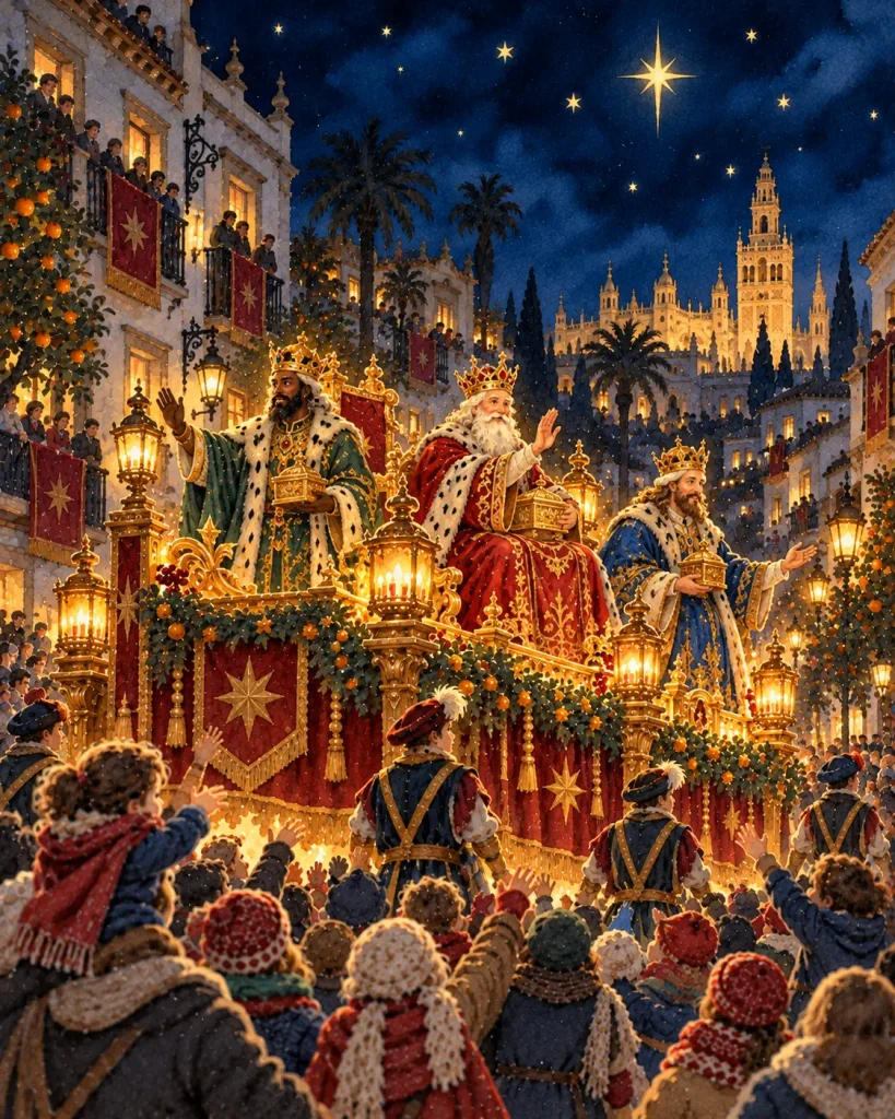 スペインのクリスマスに行われる三賢王のパレードを描いたイラスト