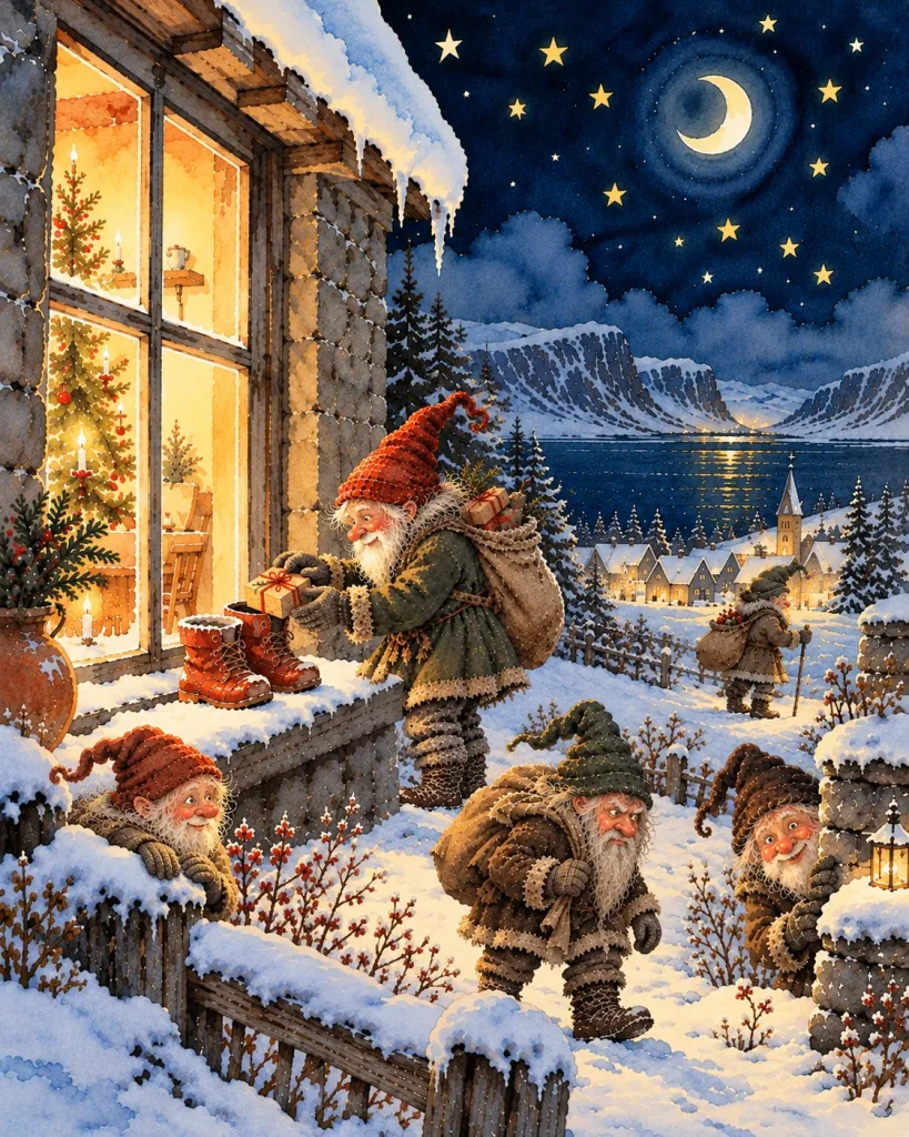 アイスランドのユールラッズが雪の夜に窓辺の靴へプレゼントを届ける絵本風イラスト