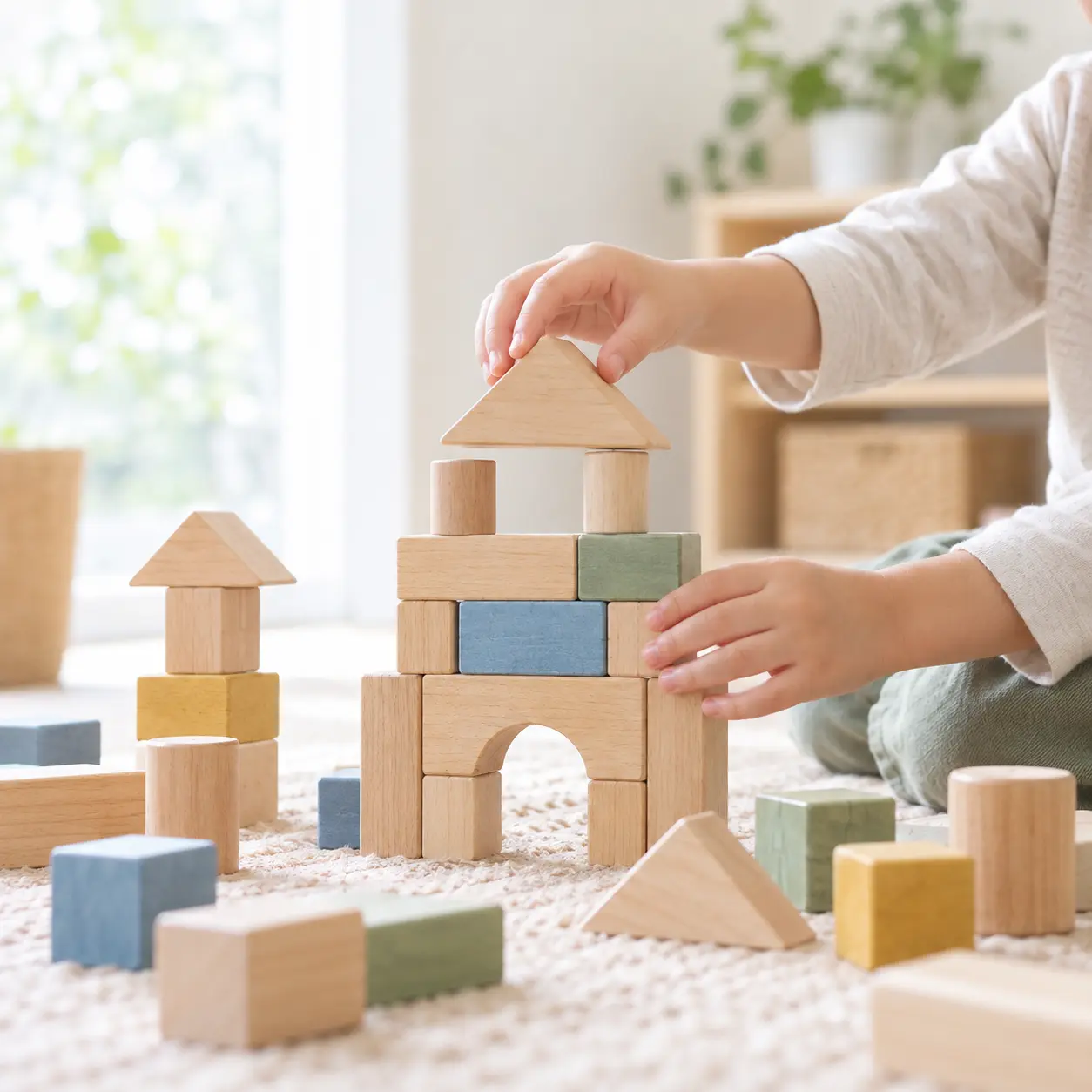 木製ブロックを組み立てる子ども