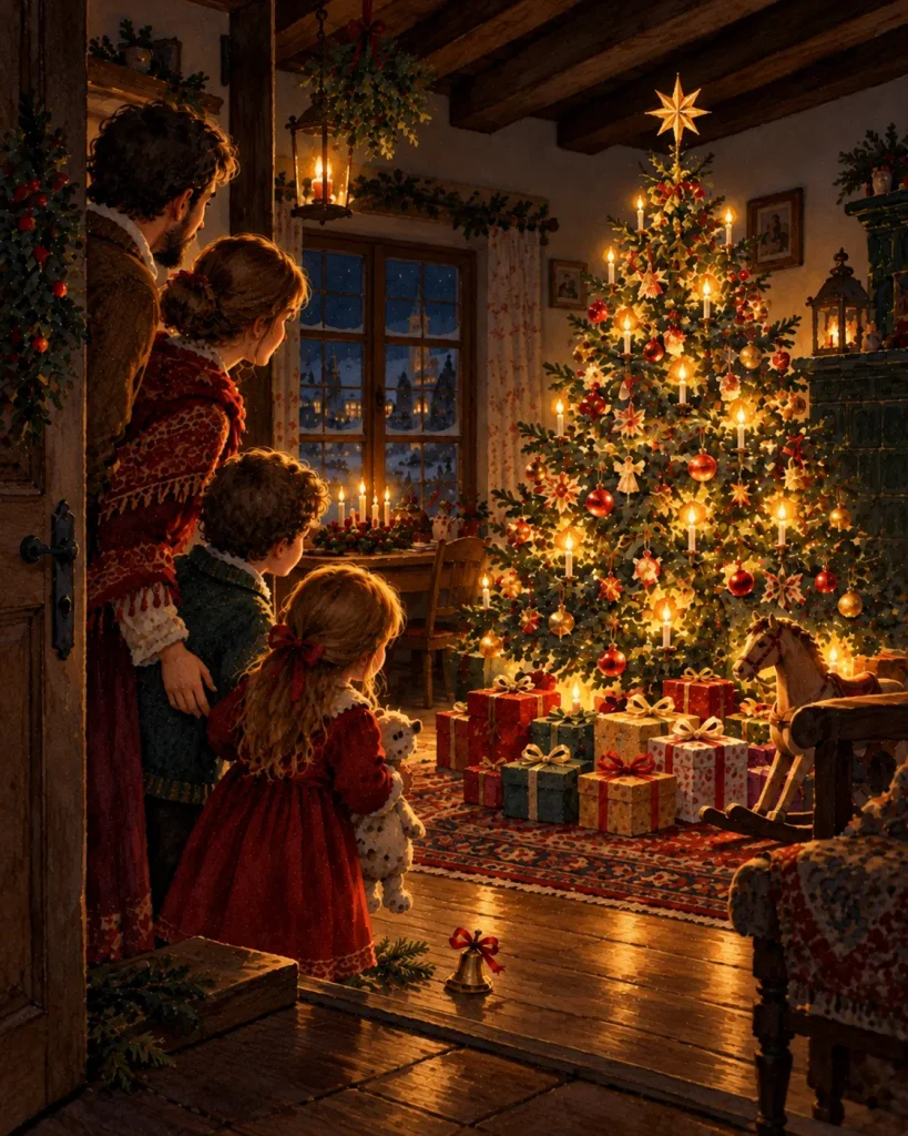 チェコのクリスマスイブ、鈴とプレゼントが置かれたツリーを描いたイラスト
