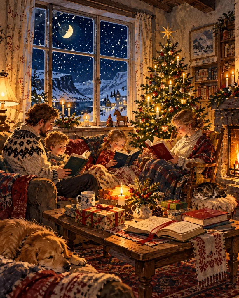 アイスランドのクリスマスイブに家族が本を読んで過ごすイラスト